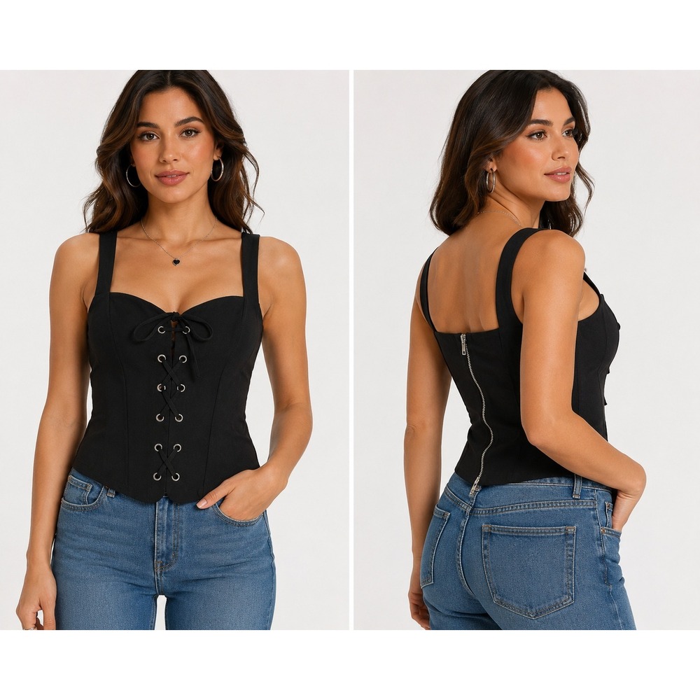 Chocolate USA Black Lace Up Corset Top Sleeveless Zipper Back MT4709 Large